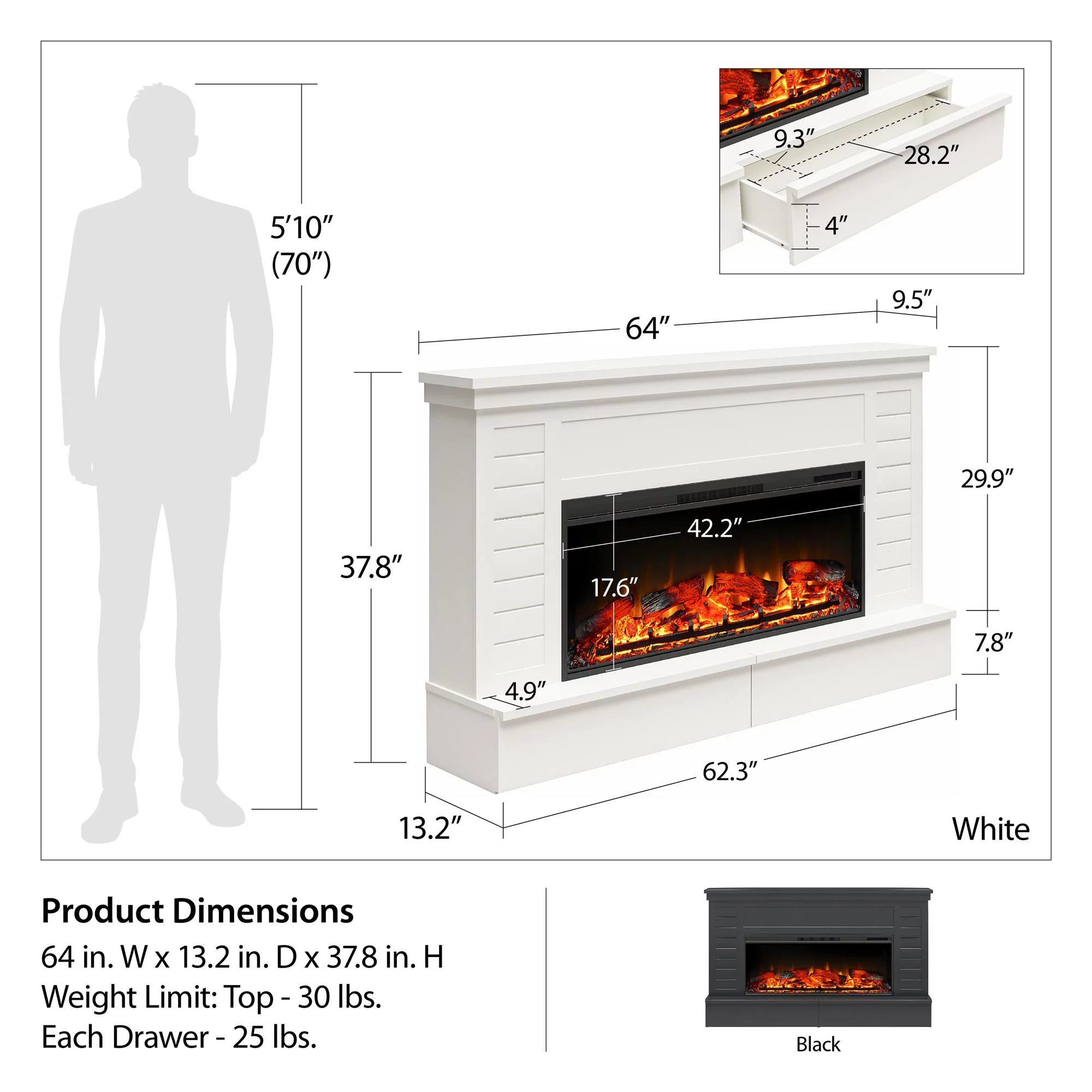 Ameriwood Home Heritage Place Wide Shiplap Mantel with Linear Electric Fireplace and Storage Drawers, White