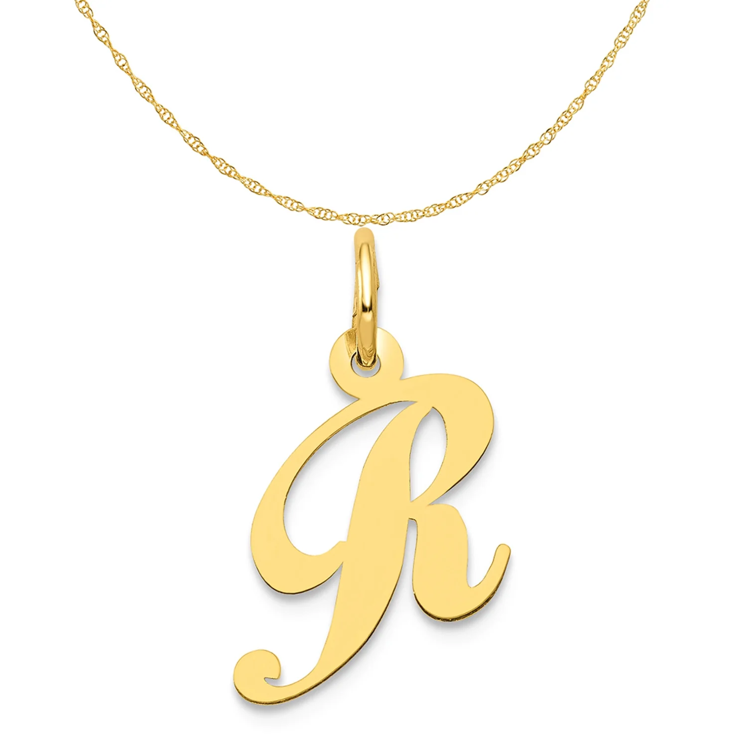 Carat in Karats 14K Yellow Gold Small Fancy Script Letter R Initial Pendant Charm With 14K Yellow Gold Lightweight Rope Chain Necklace 18''
