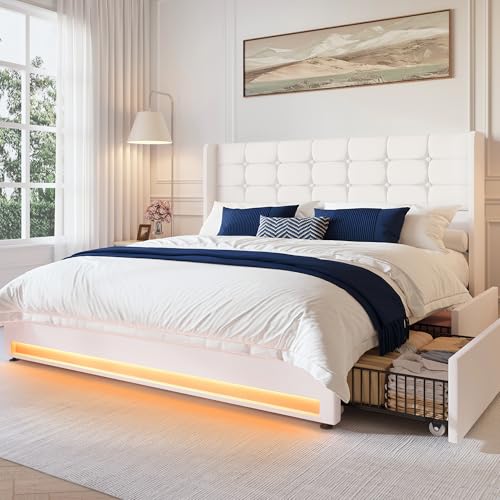 Queen Size LED Bed Frame with 4 Storage Drawers and Tufted Headboard Velvet Upholstered Platform Bed Frame Wingback Beds with Heavy Duty Wood Slats