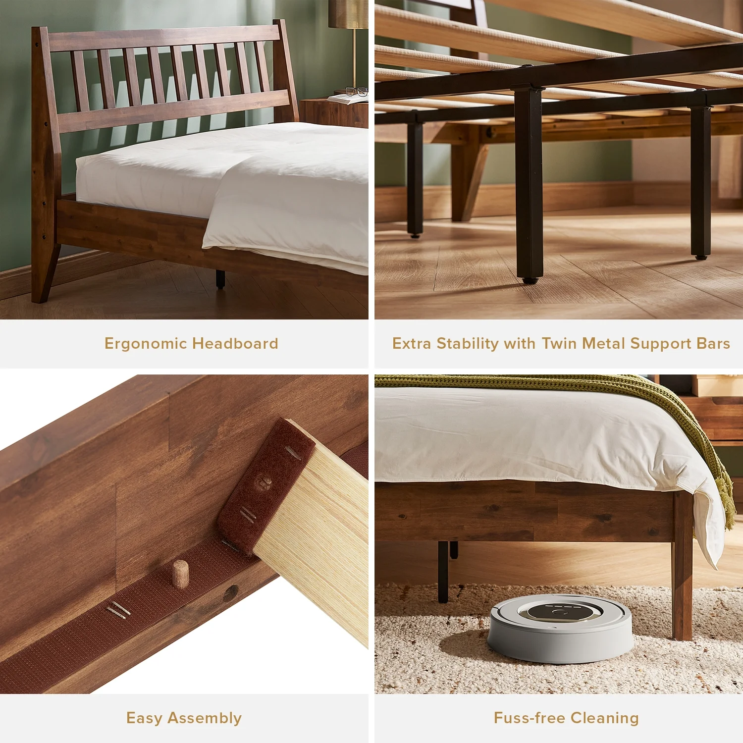 Mopio Ted Queen Bed Frame with Headboard, Full Size Bed Frame, Mid Century Modern Acacia Solid Wood Platform Bed Frame, Wooden Bed Slats