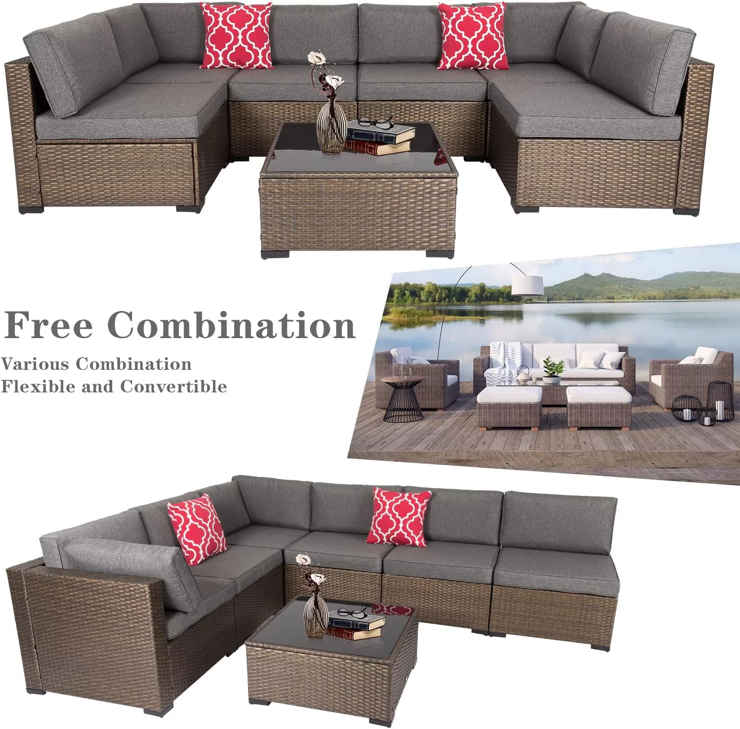 Kinbor 7pcs Outdoor Patio Furniture Set Wicker Sectional Sofa with Gray Cushions - Radiant Selections