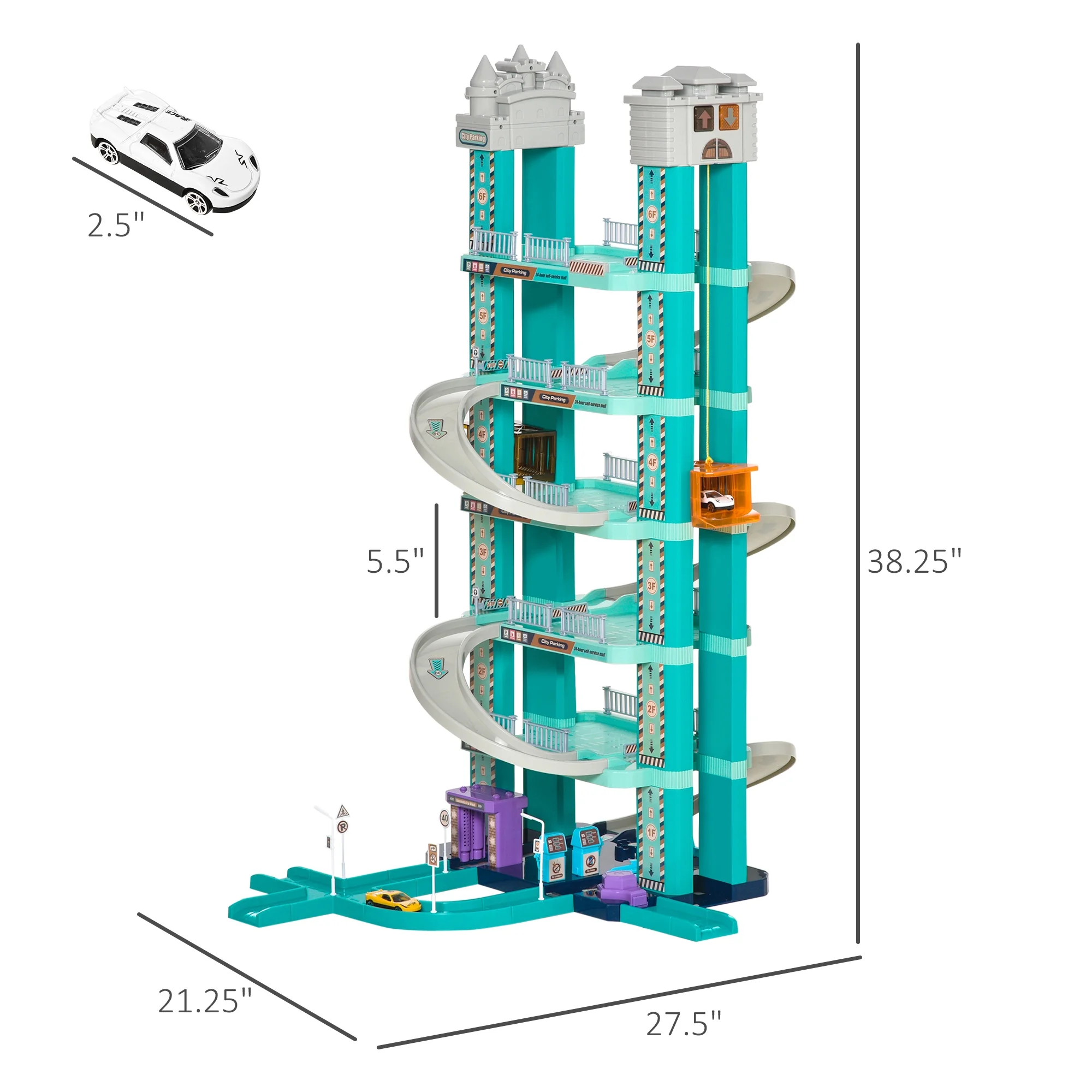 Qaba City Garage Playset with 98 Pieces Accessories Set, 6-Level Car Parking Playsets Toy with Manual and Electric Elevators Wash, Gas