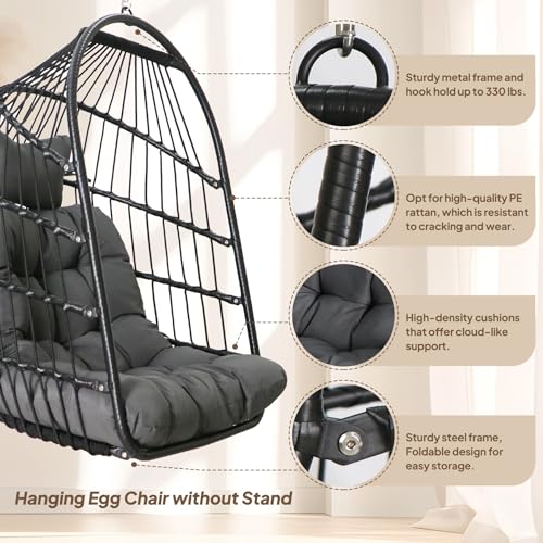 Chihee Egg Chair Foldable Wicker Rattan Hanging Chair Swing Chair Indoor Outdoor Patio Wicker Chair Hammock Chair with Stainless Steel Hanging Kit