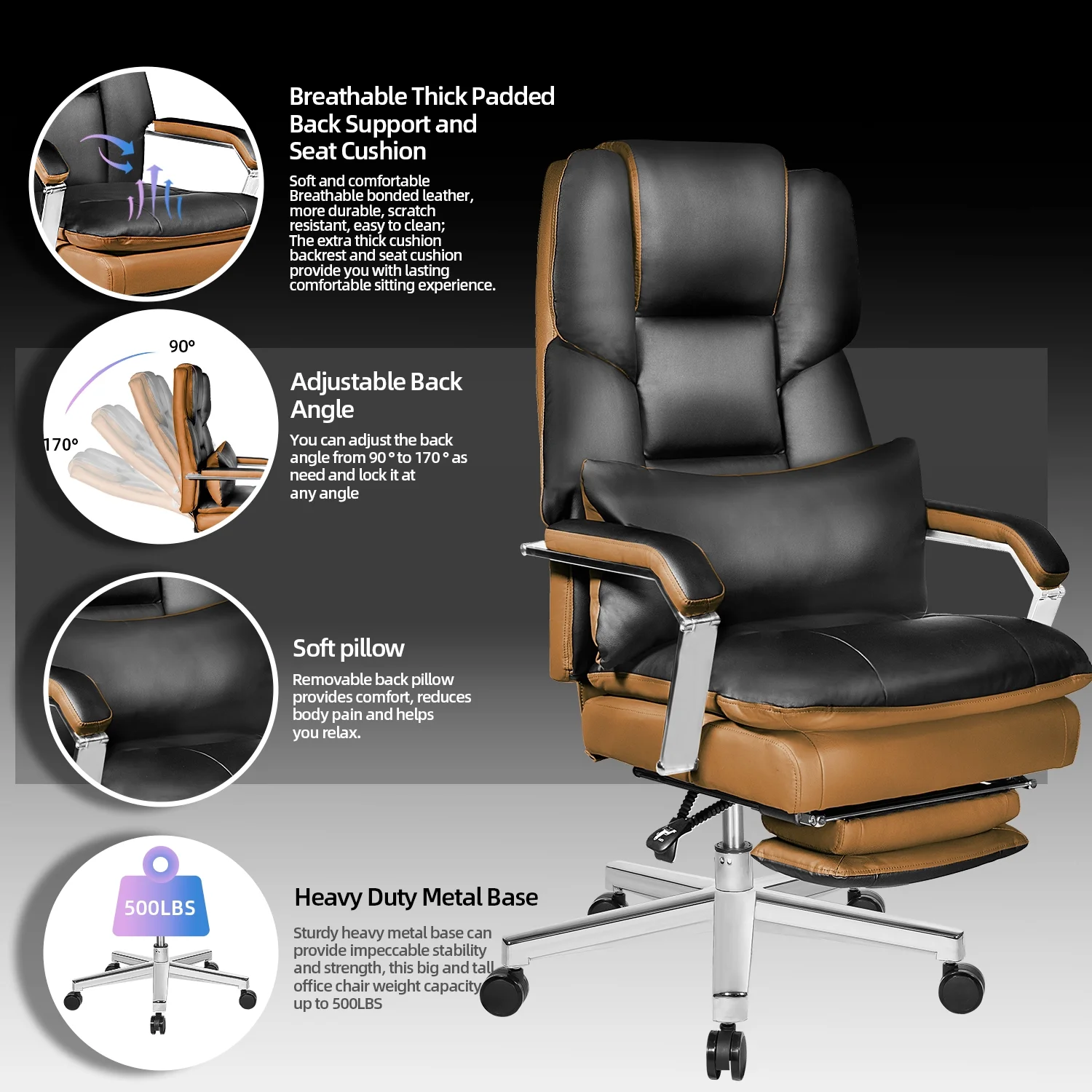 HomeZeer Big and Tall Office Chair 500 lbs, PU Leather Executive Chair Heavy Duty Desk Chairs Ergonomic Reclining Office Chair with Footrest, Black