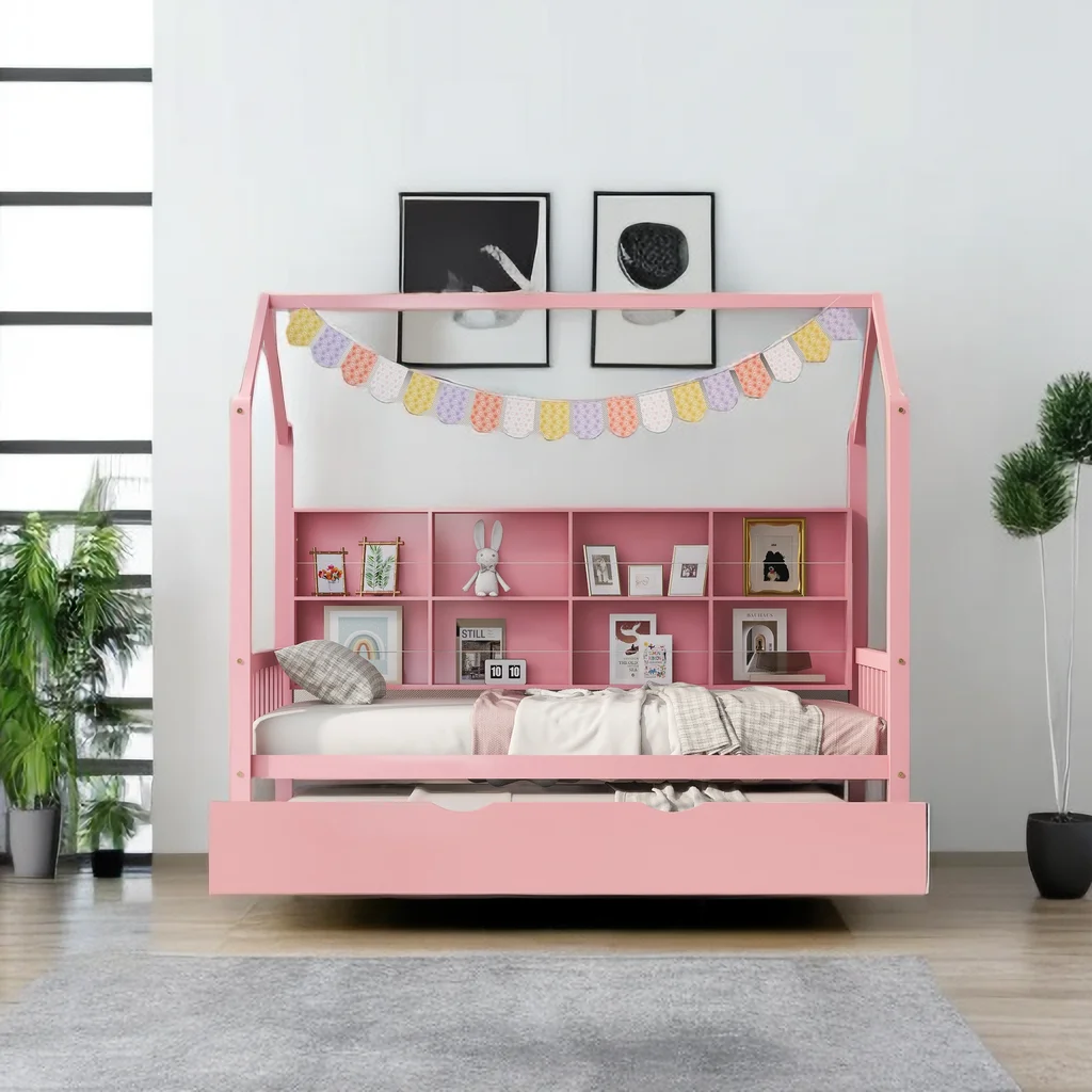Wooden Twin Size House Bed with Trundle, Kids Bed with Storage Shelf, House Shaped Bed Platform Bed for Kids