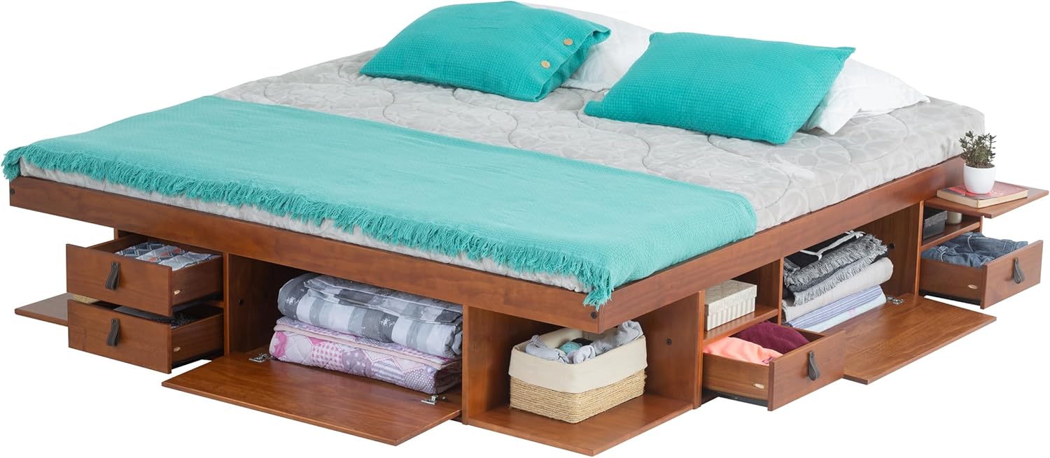 memomad Bali Bed - King Storage Platform Sturdy Wooden Bed Frame with Drawers & More - Solid Pine Wood - Noise Free - No Box Spring Needed