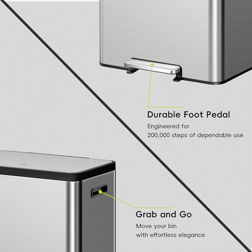 EKO EcoCasa II 36L+24L Dual Trash Can with Recycle Bin, Stainless Steel Garbage Can with Lid, Deodorizer Compartment
