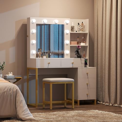 YITAHOME Makeup Vanity Desk with Mirror & Power Outlet, Hollywood Vanity Set with Hidden Jewelry Storage, 5 Drawers and Lots Shelves