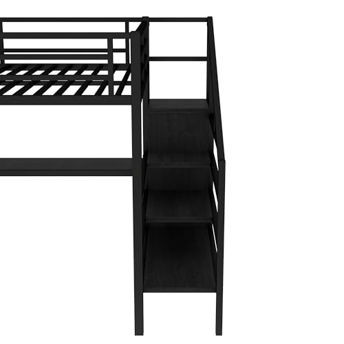 SOFTSEA Queen Size Loft Bed with LED Lights & USB Ports, Heavy Duty Metal Loft Bed with L Shaped Desk & Storage Stairs