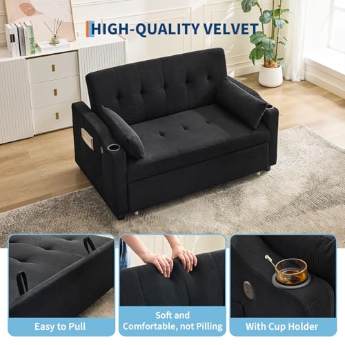 GarveeHome 3 in 1 Convertible Sleeper Sofa Bed, Corduroy Futon Couches with Pull-Out Bed, Adjustable Backrest, Charging Port & Side Pockets
