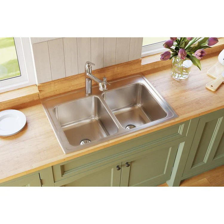 Kitchen Sink Lustertone Classic 33 x 22 Inch Double Bowl Equal with Perfect Drain 4 Hole Lustrous Satin Drop-In 10-1/8 Inch