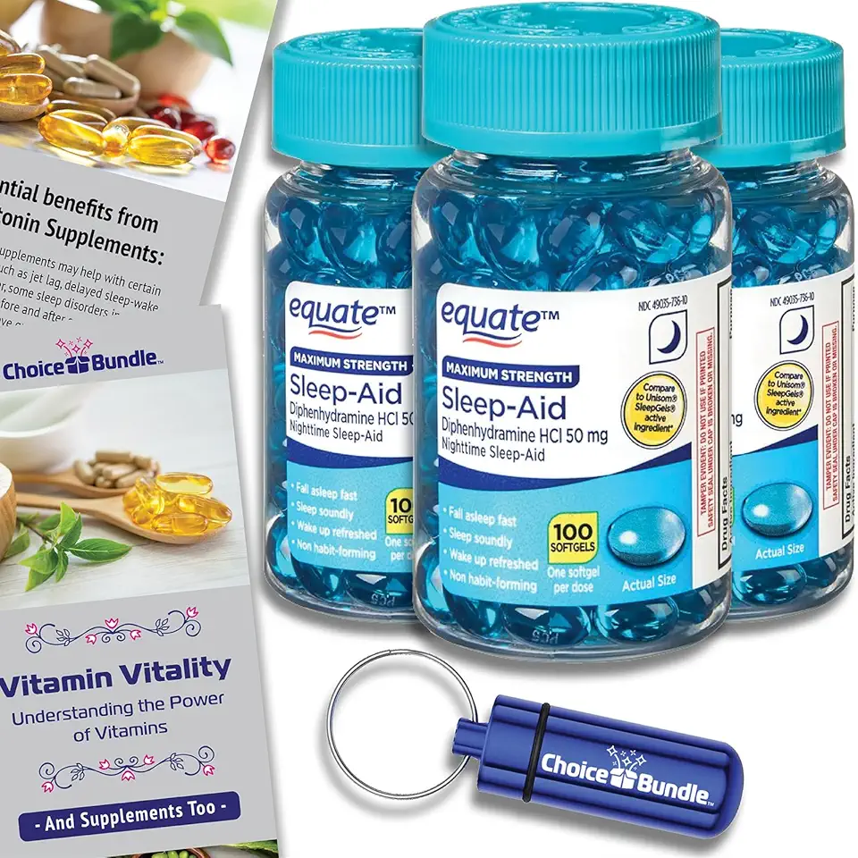 Equate Maximum Strength Sleep-Aid Softgels 50mg 100 CT 3 Pk (300 Total) + “Vitamin Vitality” Guide & Pill Container (5 Items)! - Kansas Nuitrition