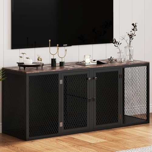 71 Inch Dog Crate Furniture for 2 Dogs, XXL Double Cage with Removable Divider & Large Doors, Heavy Duty Wooden Dog Kennel, Indoor Pet House (Black