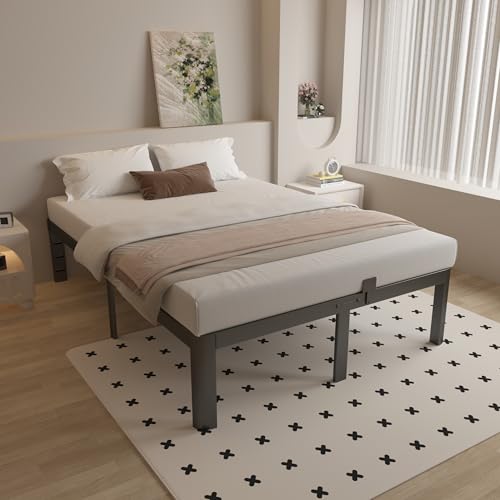 Full Size Bed Frame 16 Inch Black, Metal Platform Full Bed Frame with Baffles, No Box Spring Needed, Heavy Duty Steel Supprt, Rounded Corner Design