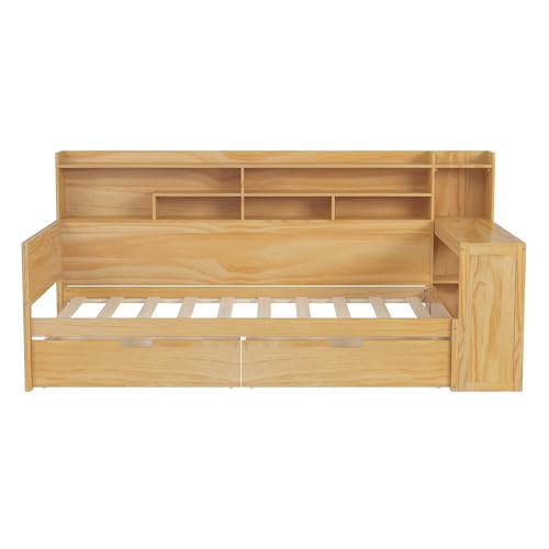 Corner Twin Bed Frame with Bookcase Storage and Desk, Wood Day Beds with 2 Drawers, Twin Size Daybed with Storage for Living Room