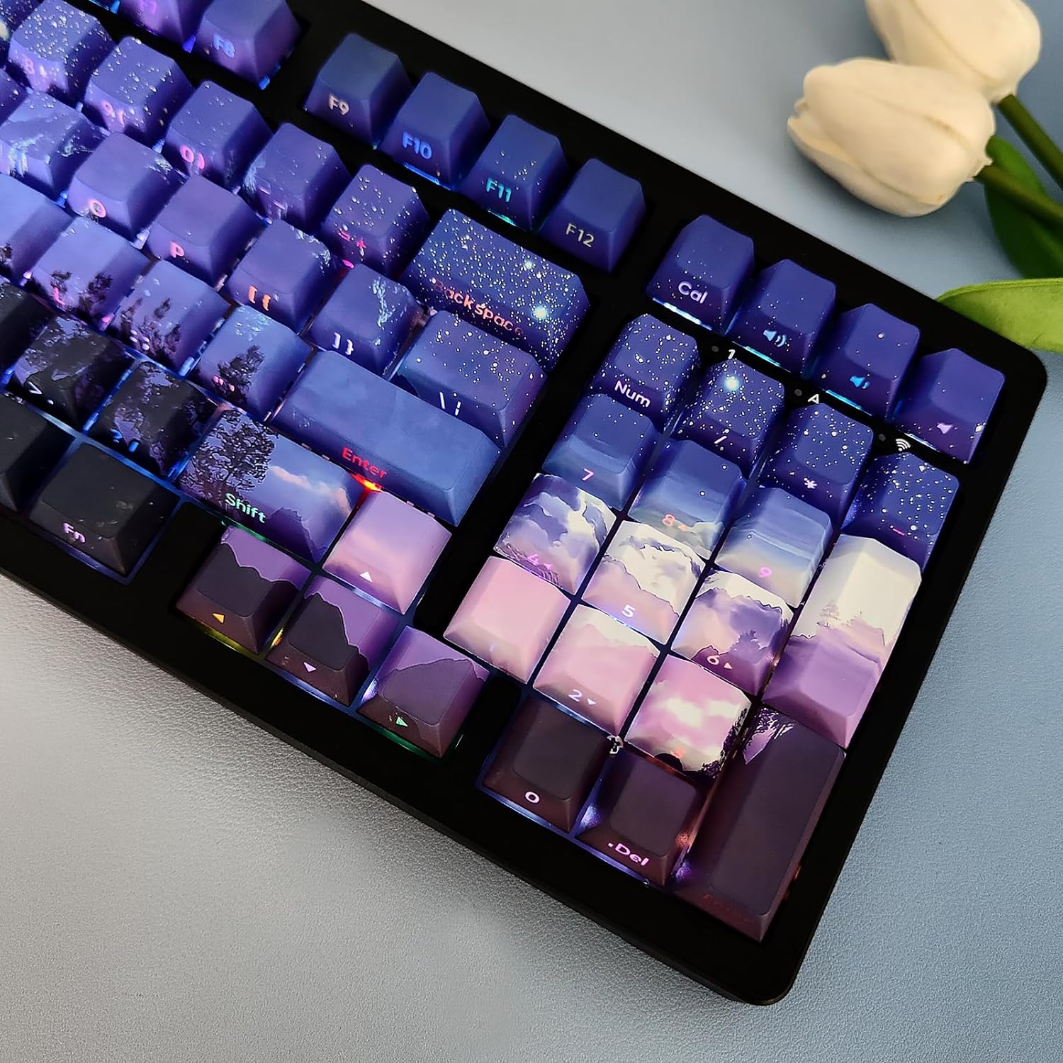 JSJT PBT Keycaps-Side Printed Keycap Set Double Shot Shine Through Custom Keycaps Cherry Profile Gradient Purple