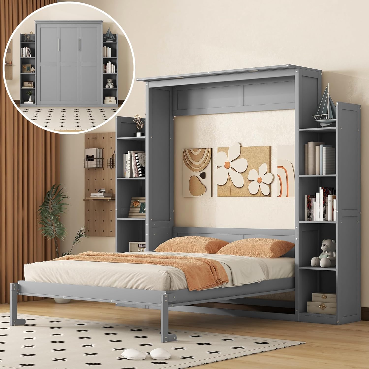 WADRI Queen Size Murphy Bed Wall Bed with Bookshelf, Can Be Folded Into Cabinet
