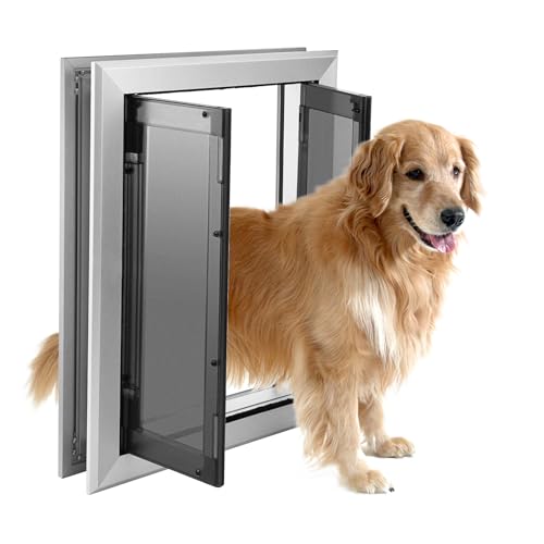 Large Dog Door, Weatherproof Aluminum Dog Door with Automatic Closing Double Panels Easy to Install Pet Door for Large Dogs and Cats