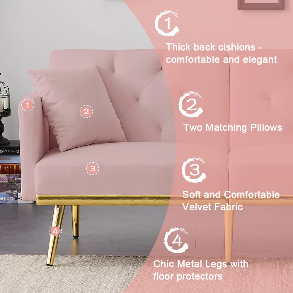 Pink Velvet Futon Couch, Folding Sleeper Sofa, Sofa Couch Bed with 2 Pillows, Modern Upholstered Loveseat Sofa with Gold Metal Legs