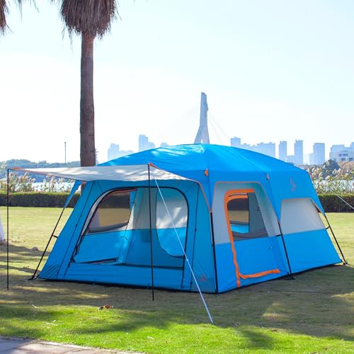 KTT Extra Large Tent 10-12-14 Person(Style-B),Family Cabin Tents,2 Rooms,3 Doors and 3 Windows with Mesh,Straight Wall,Waterproof,Double Layer
