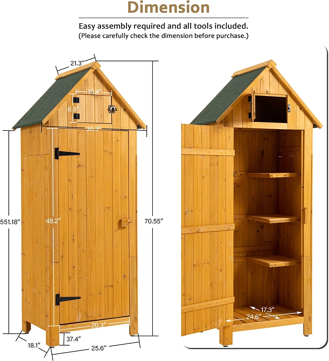 Wooden Outdoor Storage Cabinet Tool Shed - 30.3&rdquo; L X 21.3&rdquo; W X 70.5&rdquo; H Small Wood Garden Shed