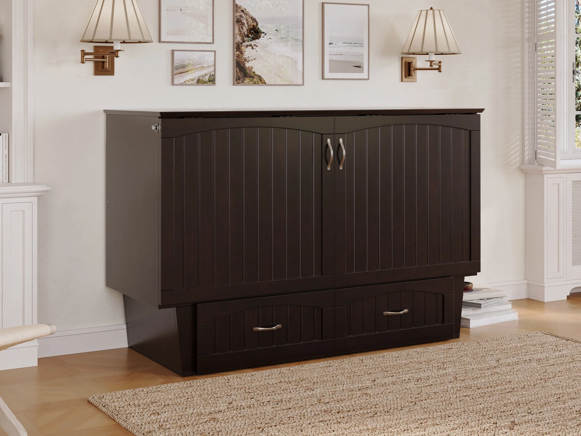 AFI Nantucket Queen Solid Wood Murphy Bed Chest with Mattress, Drawer & Charger in Espresso