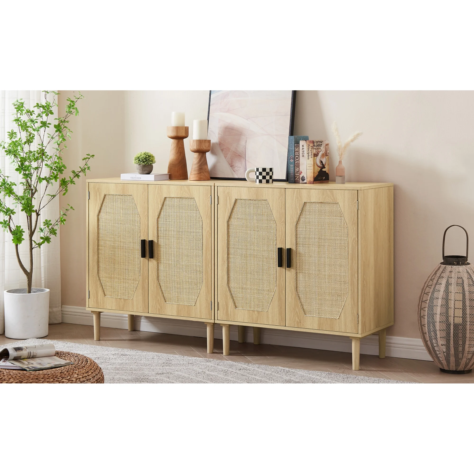 Modern Style Kitchen Storage Cabinet with Rattan Decorative Doors, Buffet, Natural, 31.5''W x 15.8''D x 34.6H.