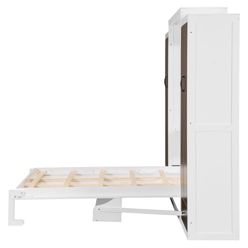 Queen Size Farmhouse Murphy Bed Cabinet with Charging Station, Foldable Platform Bed Frame with 2 Storage Drawers