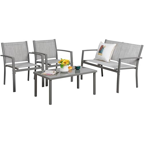 Vongrasig 4 Pieces Patio Furniture Sets,Outdoor Patio Conversation Sets with Glass Coffee Table, Small Porch Balcony Furniture