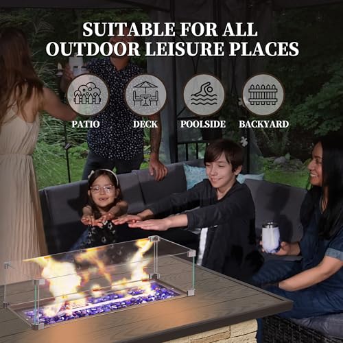 43¡± Propane Fire Pit Table Outdoor Rectangular Stone Firepit Table 50,000 Btu Propane Fire Tables for Outside Patio with Glass Wind Guard, Lid