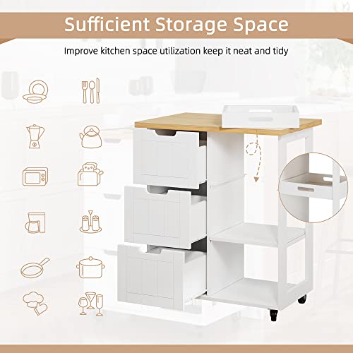 Shintenchi Rolling Kitchen Island Cart with Folding Drop Leaf Breakfast Bar, Portable Trolley Island with Large Storage Cabinet, Shelf and Drawer