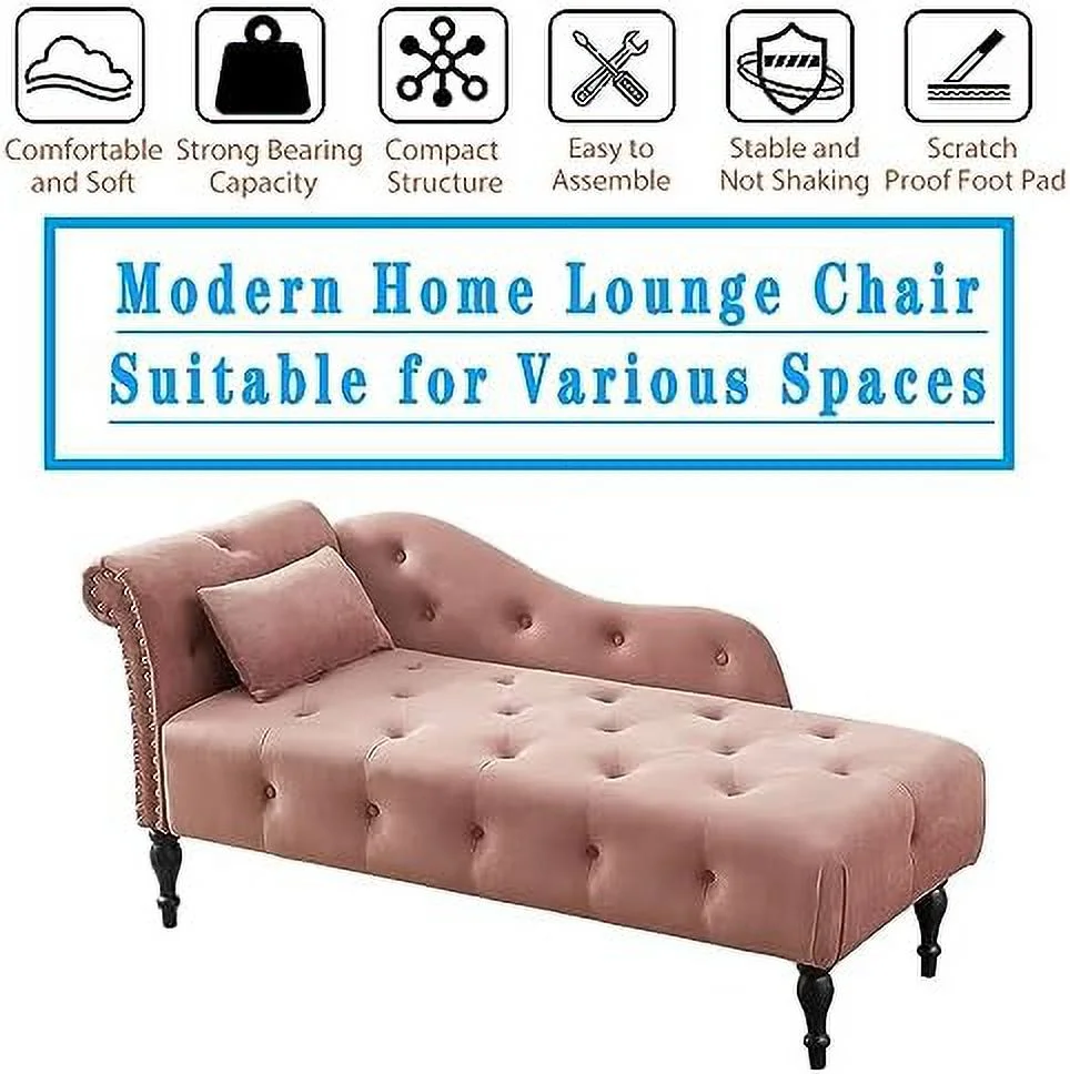 TJUNBOLIFE Tufted Upholstered Velvet Rolled Arm Chaise Lounges Indoor Chair  Right Arm Facing Chaise Lounge with Nailhead Trim and 1 Pillow for