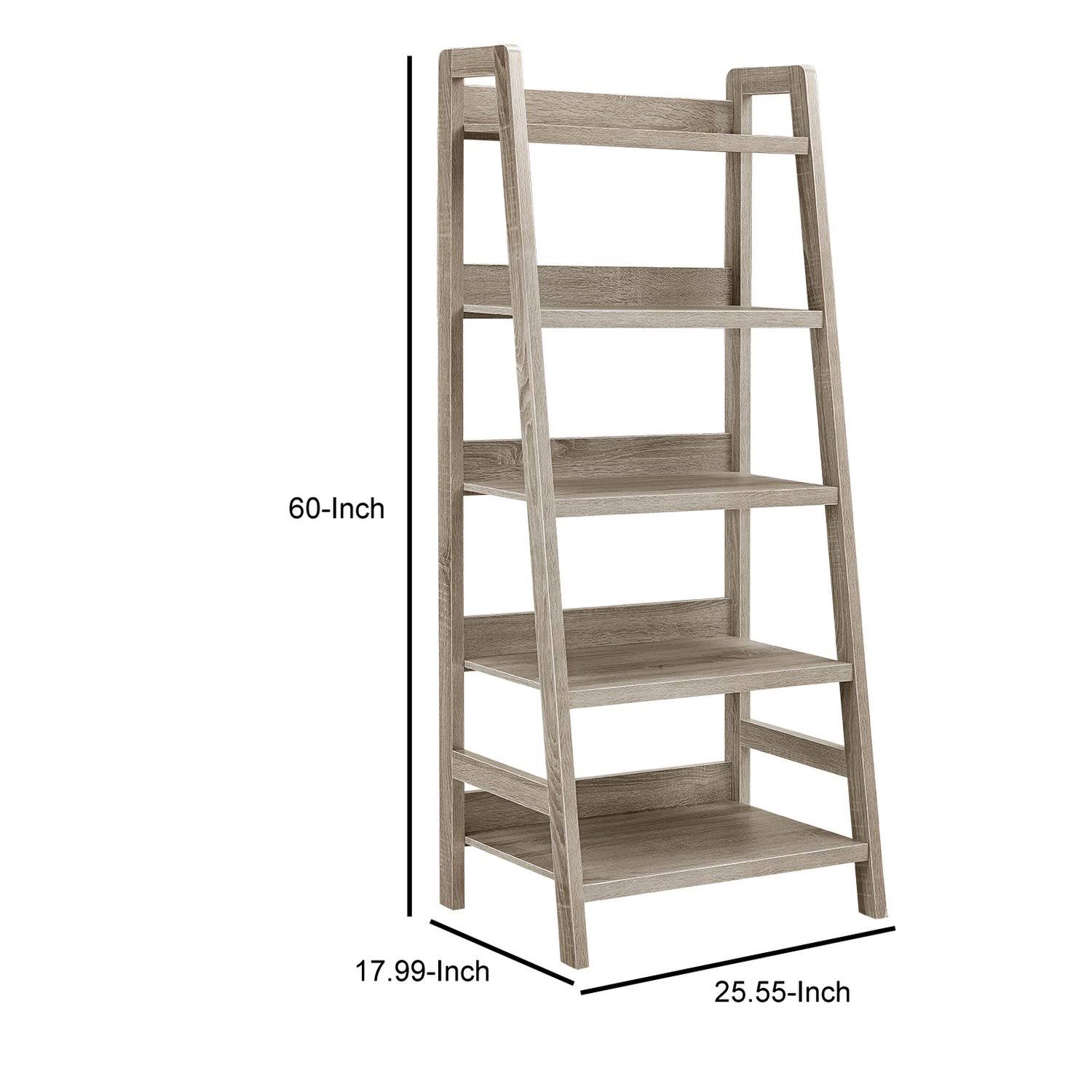 Transitional Style Wooden Ladder Bookcase with Five Shelves Gray