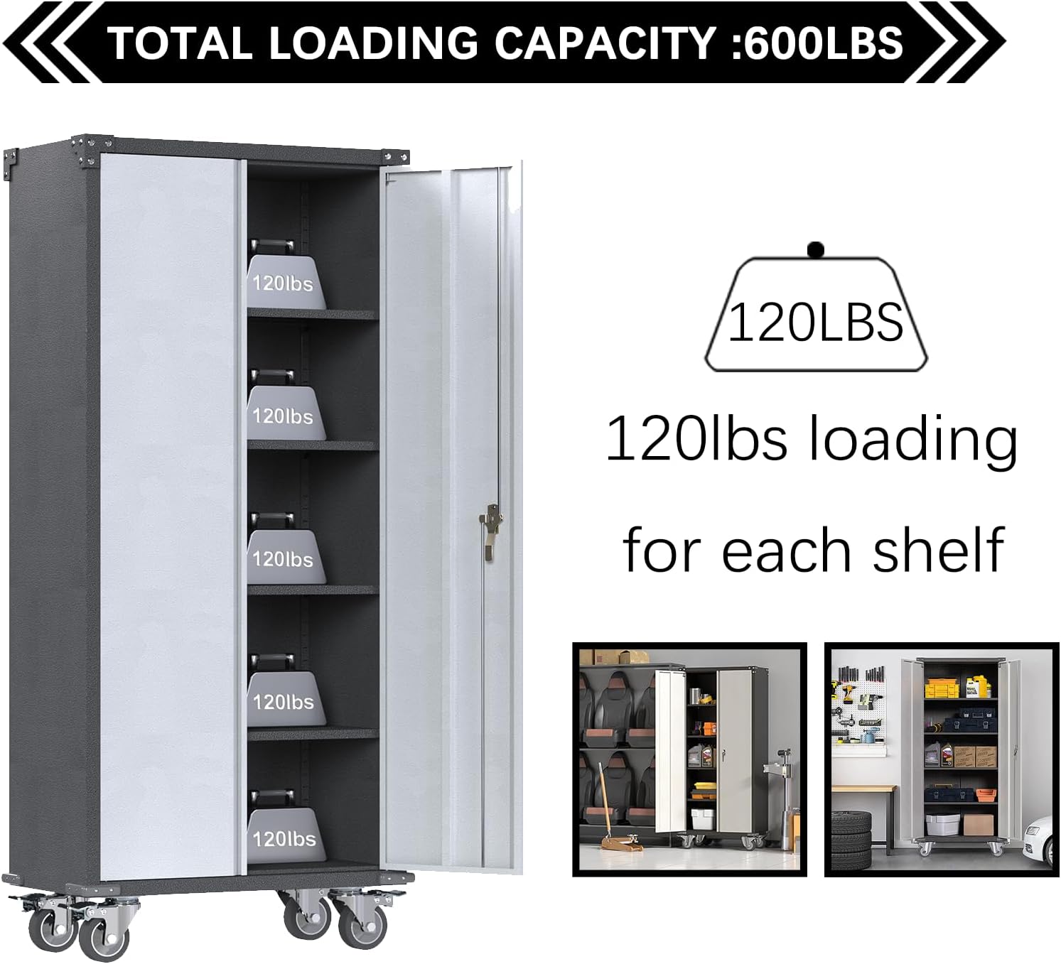 71'' Locking Metal Cabinet with 2 Door and 4 Adjustable Shelves, Lockable Garage Storage Cabinet on Wheels, Rolling Tool Cabinets for Utility Room