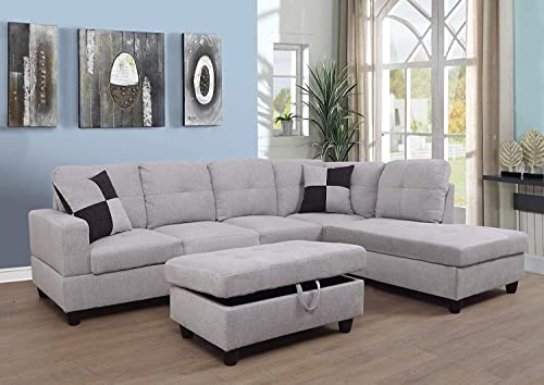3 PCS L-Shaped Sectional Couch Sofa Set, Linen Fabric Living Room Set with Storage Ottoman and Match Pillows (Left Hand Facing, Grey White)