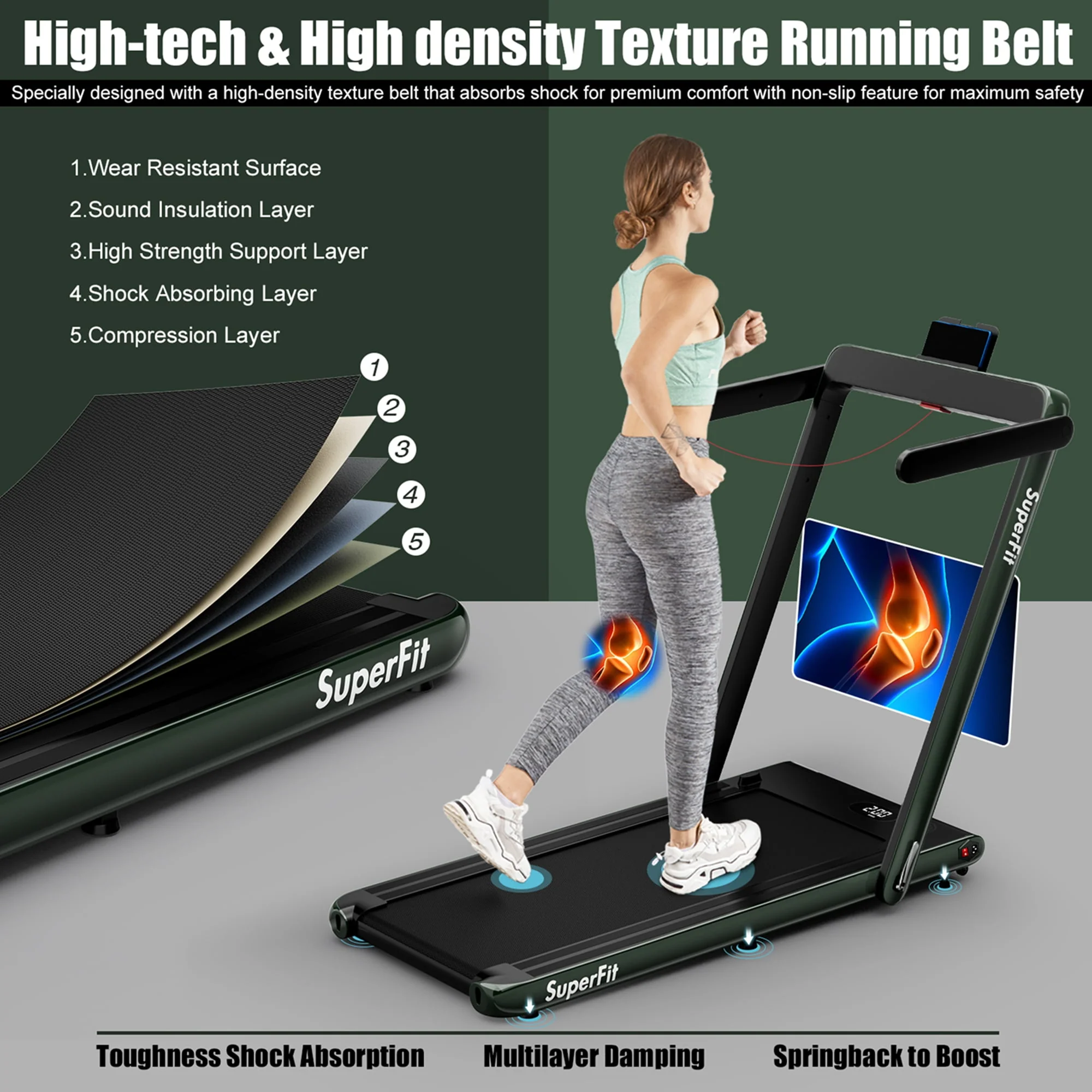 SuperFit Up To 7.5MPH 2.25HP 2 in 1 Single Display Screen Folding Treadmill W/ APP Control Speaker Remote Control Blue