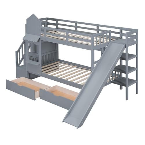 SOFTSEA Twin Over Twin Bunk Bed with Slide and Storage Solid Wood Bunk Bed Frame with Staircase and Drawers, Pink