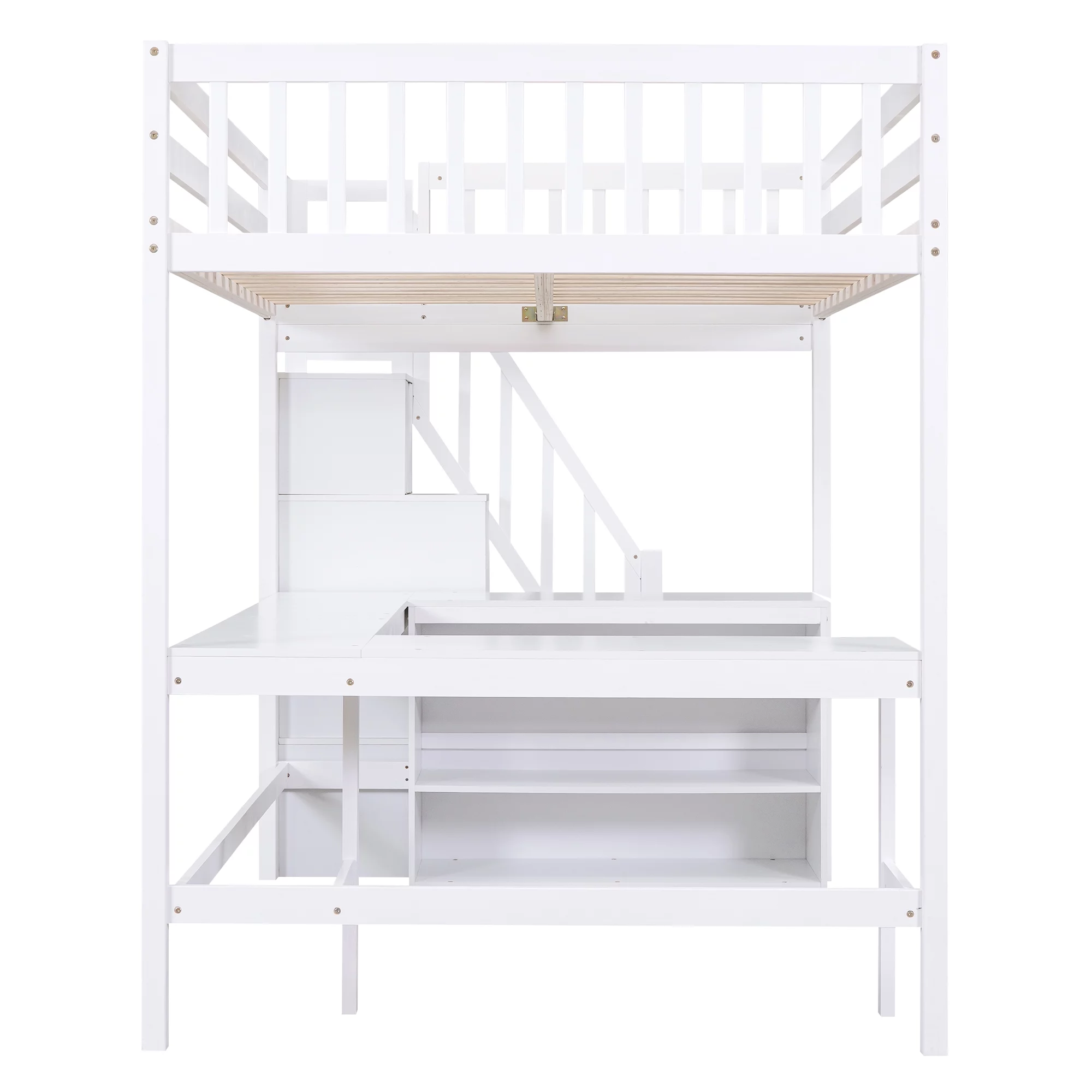 EUROCO Wood Full Size Loft Bed with Desk, Shelf and Storage Staircase for Kids Teens Adults, Built-in Desk with Bookscase for Working Station