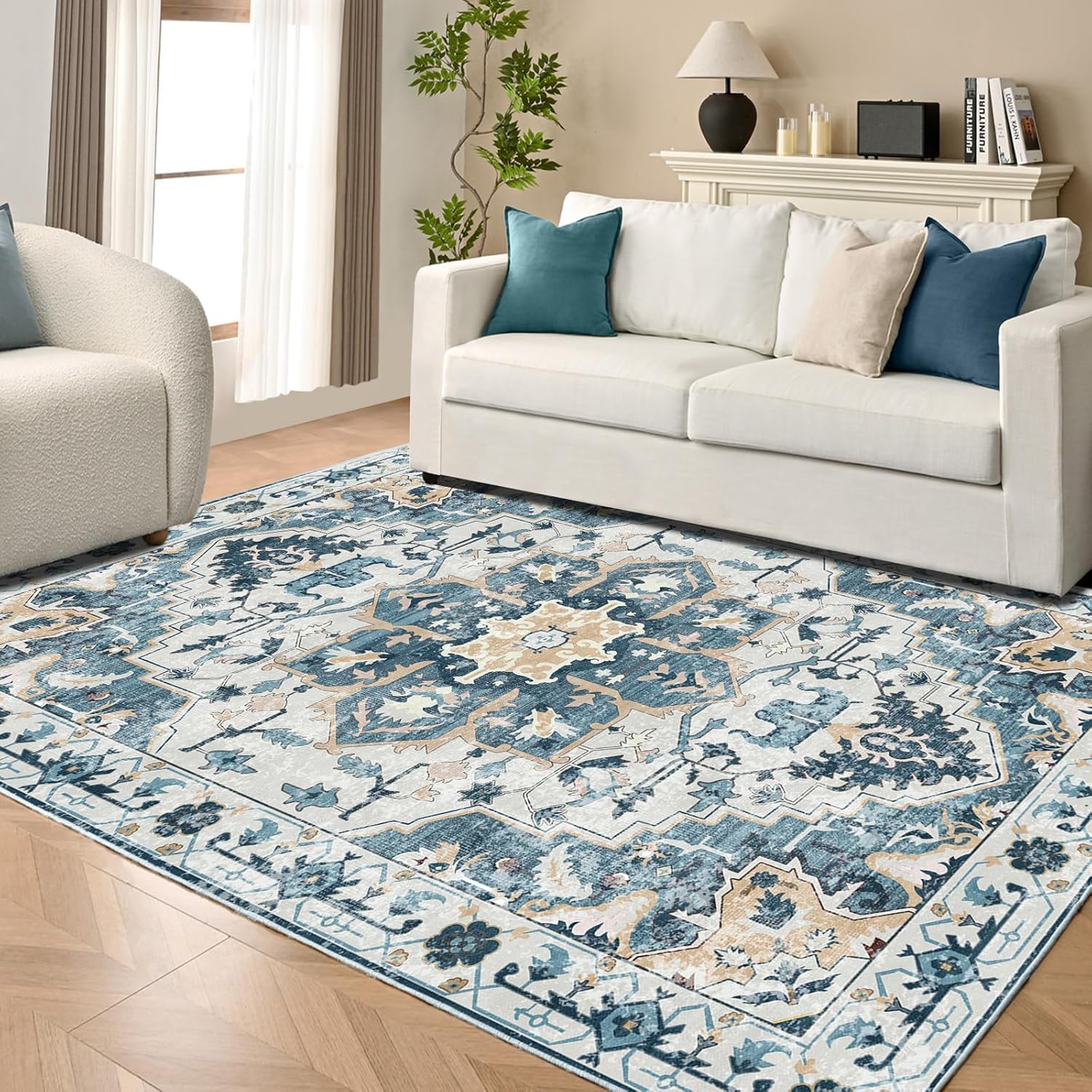 8x10 Large Area Rugs for Living Room,Non Slip Vintage Boho Rug,Machine Washable Mat,Low Pile Rug