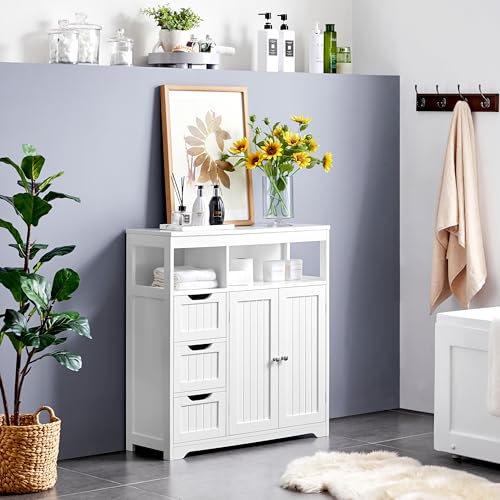 Yaheetech Bathroom Floor Cabinet, Wooden Storage Organizer with 3 Drawers and 2 Open Shelves