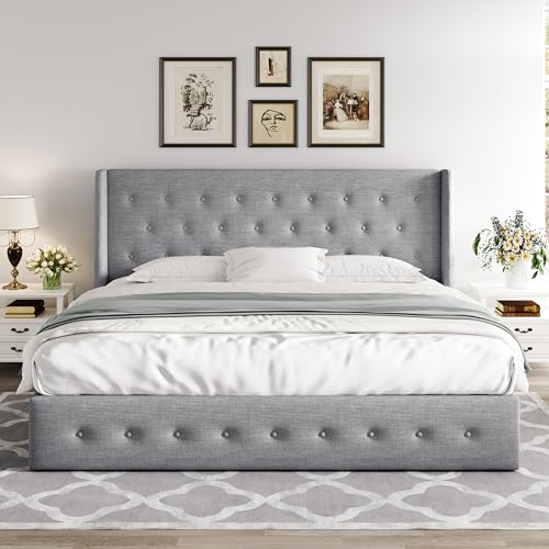 Allewie Full Size Lift Up Storage Bed, Modern Wingback Headboard, Hydraulic Support, No Box Spring Needed, Light Beige