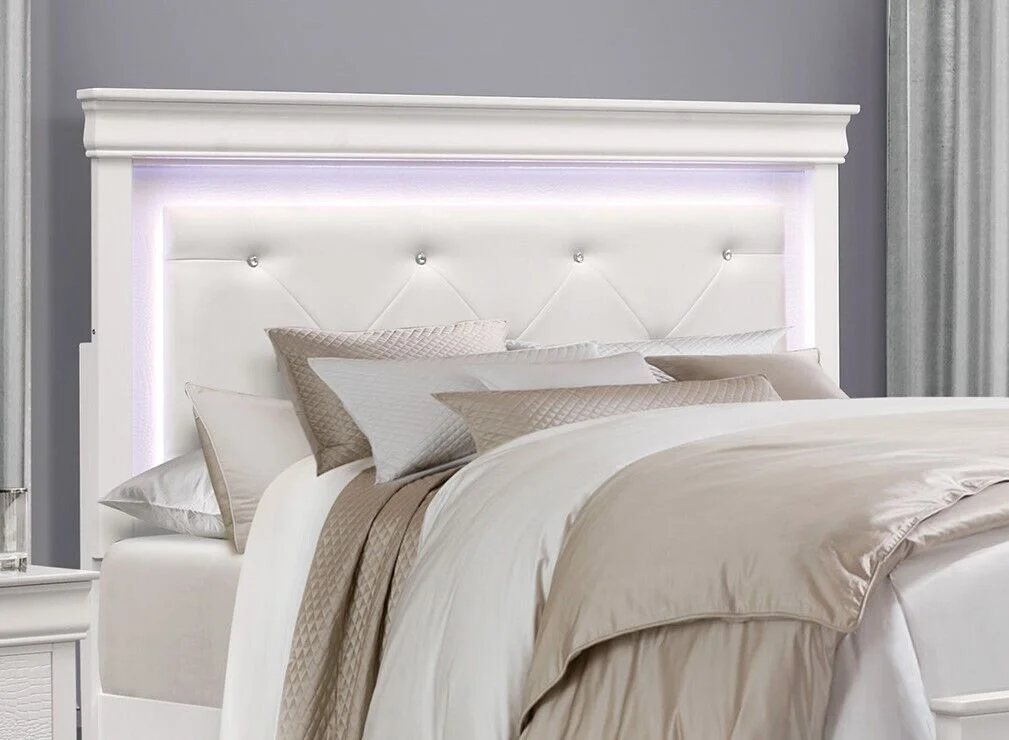Glamorous Style White Finish Full Size Bed Tufted LED Lighting Headboard and Nightstands Textural Panels Modern Bedroom 3pc Set