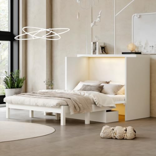 Queen Size Murphy Bed with Desk & Charging Station,Wall Bed Frame Folding into Cabinet Design w/LED & Storage Shelf for Small Space,Bedroom