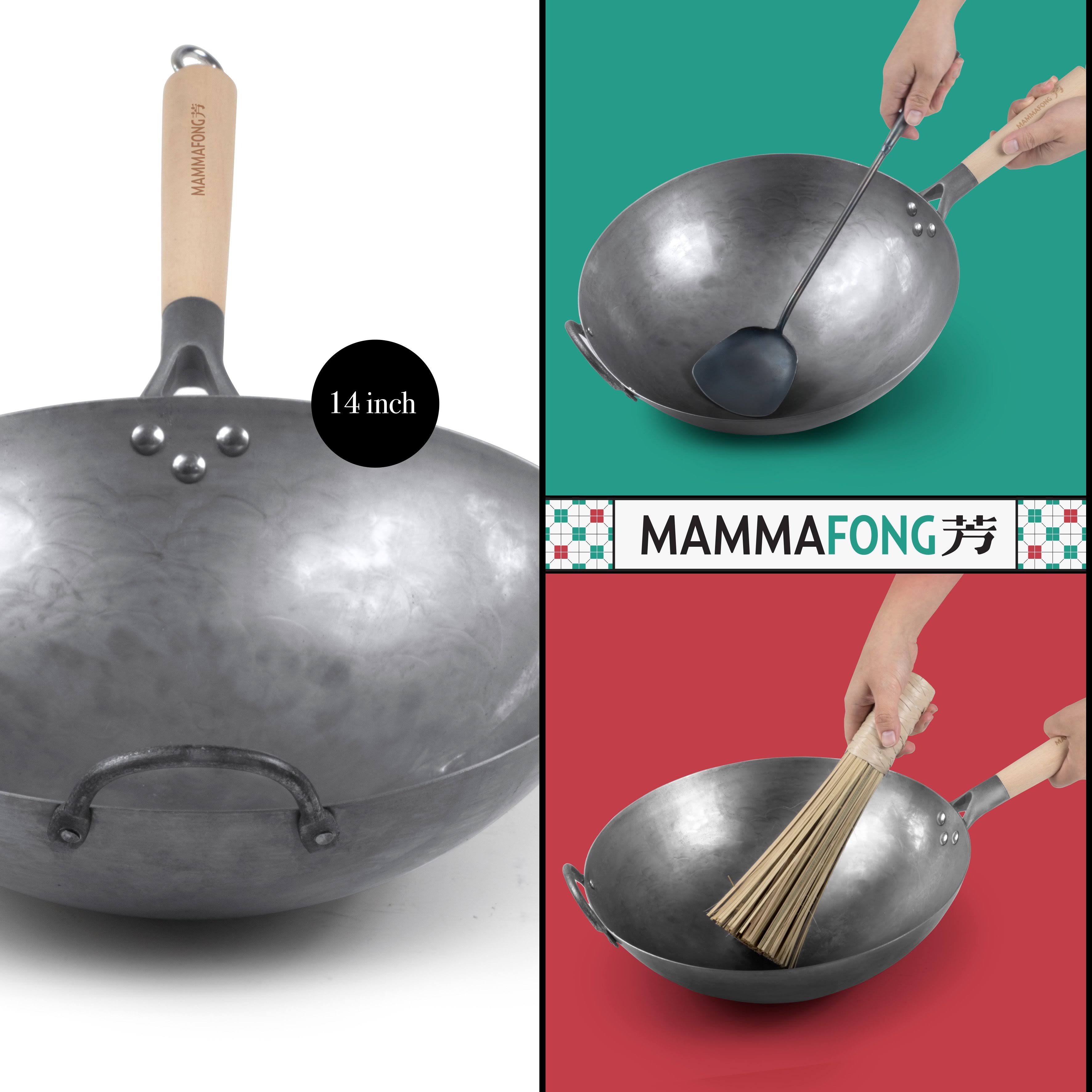 Authentic 14 inch Hand Hammered Round Bottom Carbon Steel Wok Set Starter Kit with Wok Spatula and Bamboo Brush CA Warehouse by