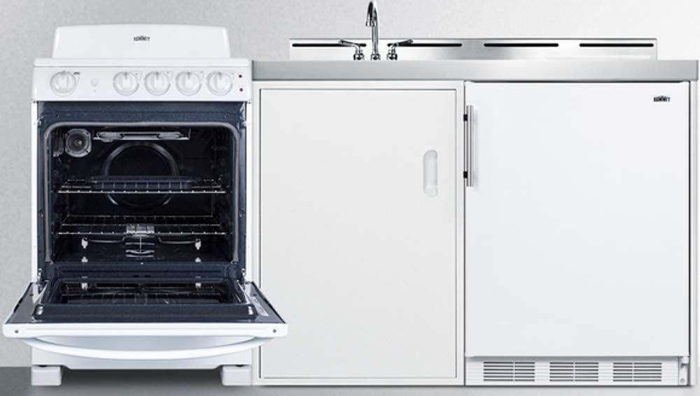 Summit Appliance ACK72COILW 72" Wide All-in-One Kitchenette with 220V 4-Element Electric Coil Range, Refrigerator-Freezer, Sink