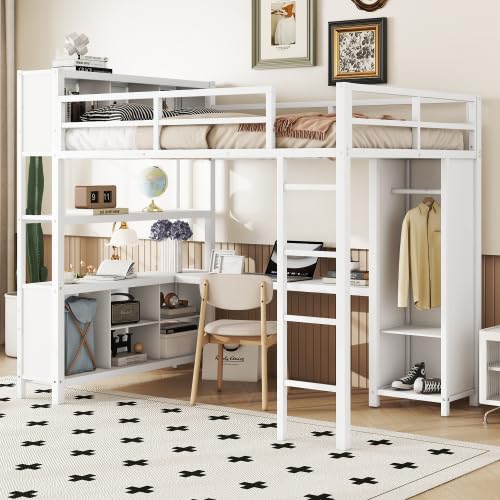 Harper & Bright Designs Full Size Loft Bed with Wardrobe and L-Shaped Desk, Metal Loft Bed with Storage Cubes, Cabinet, Shelves for Kids Teens, White