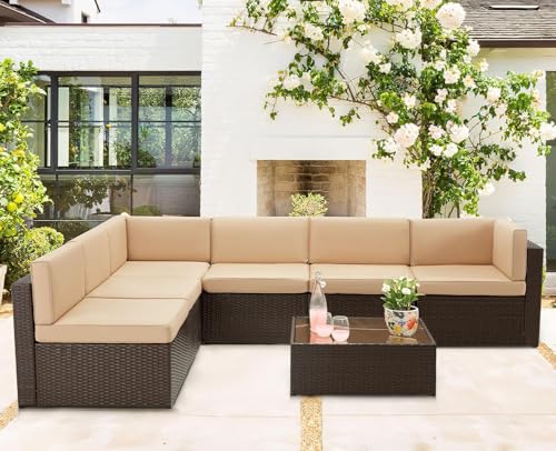 U-MAX 7 Piece Outdoor Patio Furniture Set, PE Rattan Outdoor Wicker Sectional Furniture Chair Set with Cushions and Tea Table