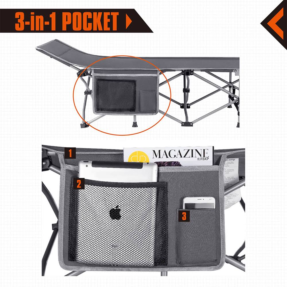 KingCamp Folding Deluxe Lightweight Portable Camping Side Pocket Bed Cot, Gray
