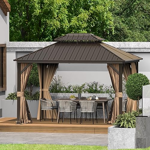 Domi 10’ x 10’ Hardtop Gazebo Metal Frame Canopy with Netting & Curtains