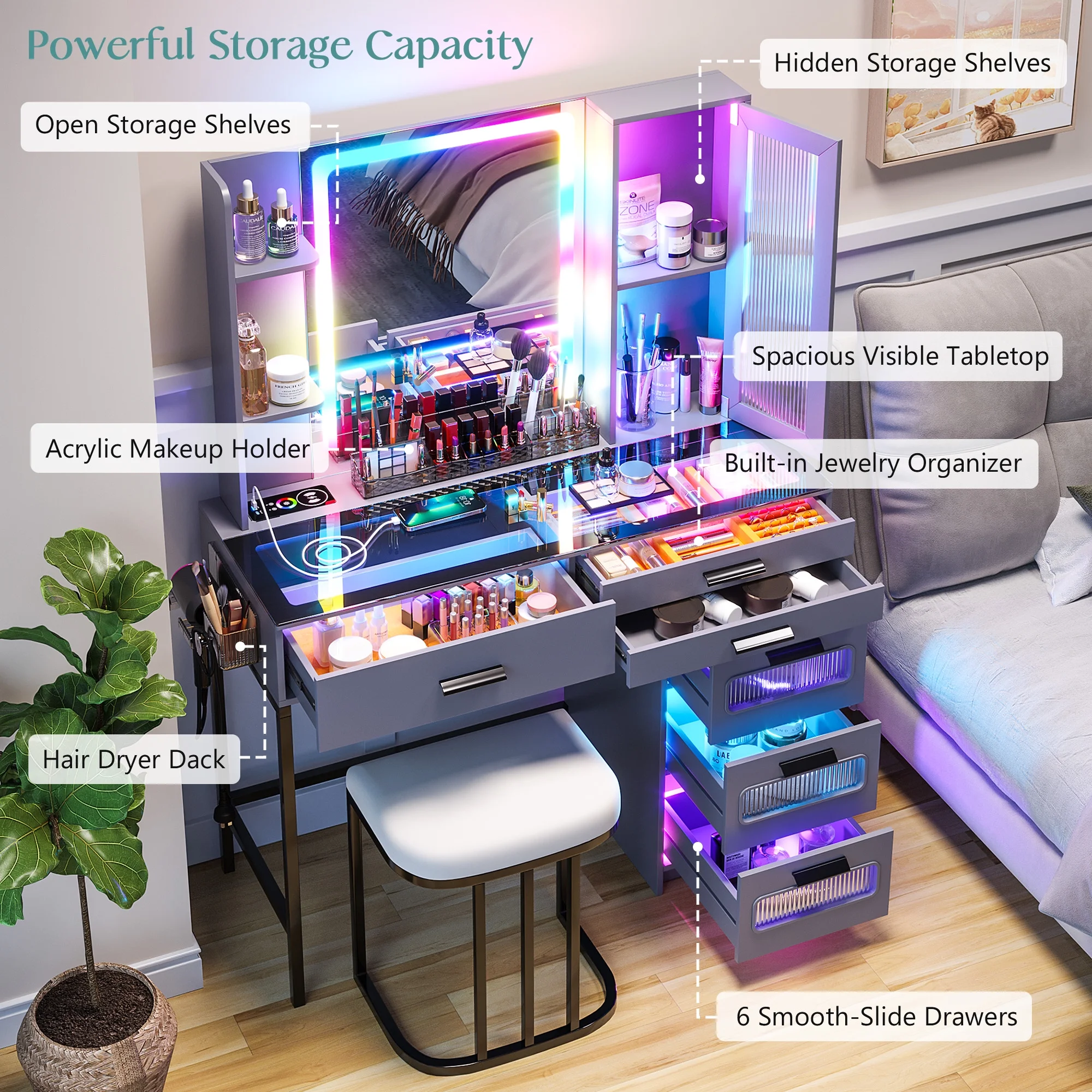 HNEBC RGB Vanity Desk with Lights, Glass Top Makeup Desk with Wireless Charging Station, Dressing Table Set with Stool/6 Drawers